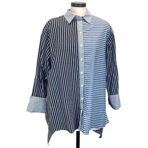 ZARA Women's Size L Blouse Colorblock Blue Striped 3/4 Cuffed Sleeve Hi-Low Hem
